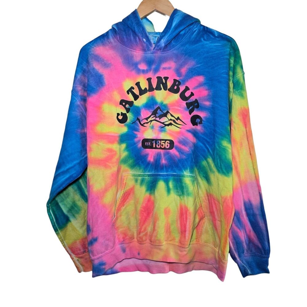 Gildan Gatlinburg TN Tie Dye Hoodie Mens Large Graphic Mountain Pullover Rainbow